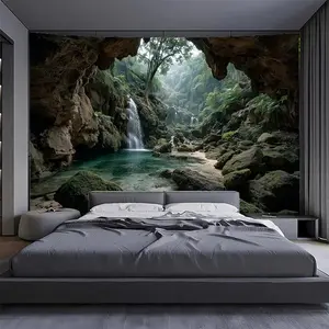 1pc Extra Large Tapestry - Tropical Jungle Waterfall Wall Hanging with Lush Greenery & Waterfall Scene, No Installation Needed, Self-Adhesive Backdrop for Living Room, Bedroom, Party Decor, Home Decoration - Modern Nature Landscape Art Poster, Waterfall W