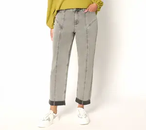 LOGO by Lori Goldstein Petite Grey Wash Seamed Boyfriend Jeans