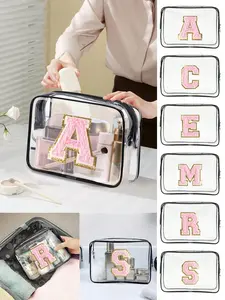 Pink Towel Embroidered Fabric Letter Style Transparent Makeup Bag, Makeup Organizer Pouch, Women'S Portable Storage Bag, Reusable Travel Storage Bag, Travel, Daily Life, Hotels, Beach Bags, Exquisite Gifts For Family