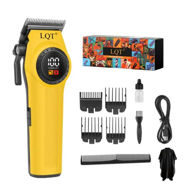 LQT Yellow Cordless Hair Clipper Kit - LED Digital Display, Quiet Motor, Adjustable Blade, 4 Guide Combs, USB Port Fast-Charging, Dual-Head Remover, Professional Supply for Men's At-Home Haircut & Barbershop (Suitable for Thick & Fine Hair), Hair Transiti