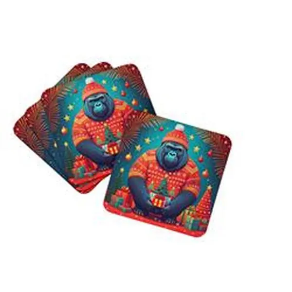 Square Shape Gorilla Artwork Foam Coasters, 4-Piece Durable Coffee Gift Set, 0.15x3.5x3.5 in Dishwasher-Safe Kitchen Tableware Accessory for Mugs, Vibrant