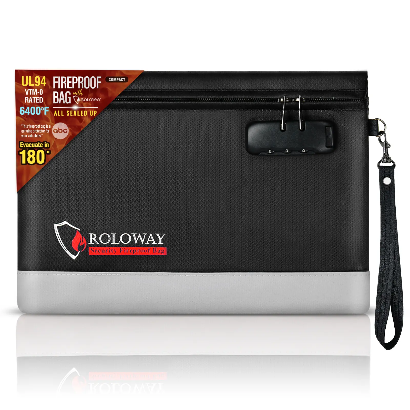 ROLOWAY Fireproof Clutch Bag with Combination Lock - 6400°F Waterproof Security Travel Pouch with Strap, 12-Layer Cash Safe Storage Bag for Passport & Valuables