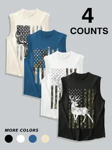Men's 4 Pack Deer Hunting Tank Tops - Camouflage American Flag Patriotic Graphic Sleeveless Shirts, Vintage Distressed Hunter Workout Gym Muscle Tees, Outdoor Camping Fishing Casual Summer Outfits for Men, Vest for Hunters