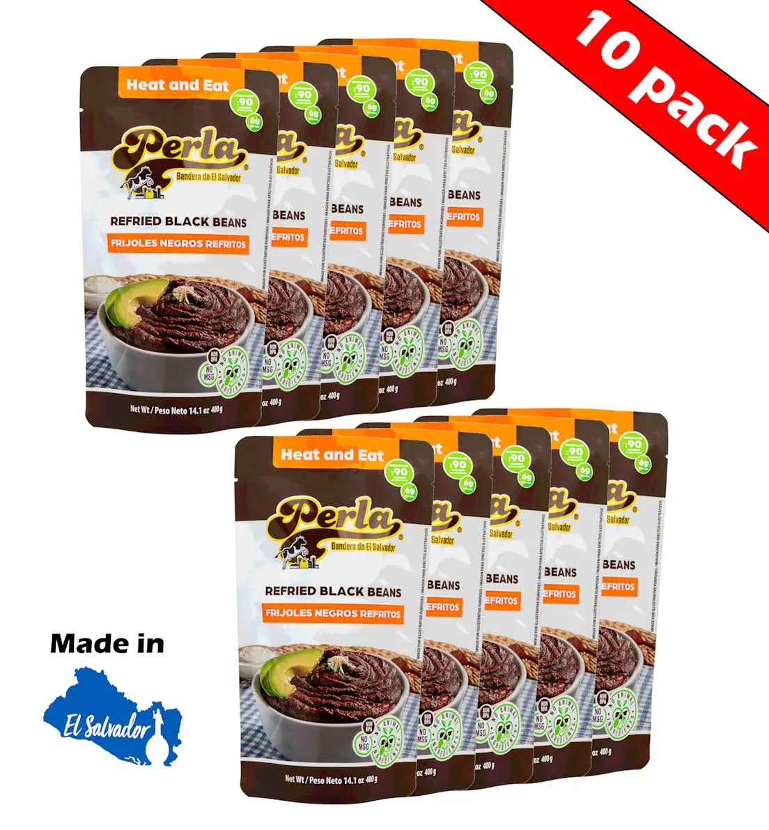 Perla Refried Black Beans - BPA-Free, No MSG, Real Flavor Canned Pantry Food - 14 oz, Pack of 10