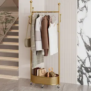 Multi-functional Coat Rack, Bedroom Clothing Stand, Iron Art Garment Rack with Rolling Laundry Hamper