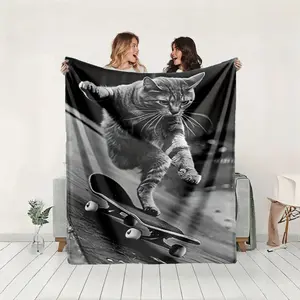 Moment Of A Cat Skateboarding Themed Flannel Blanket - Flannel Throw Blanket Woven Blanket In Modern Style, Suitable For Sofas And Beds, All-Season Use, Super Soft And Comfortable, Digitally Printed Pattern,