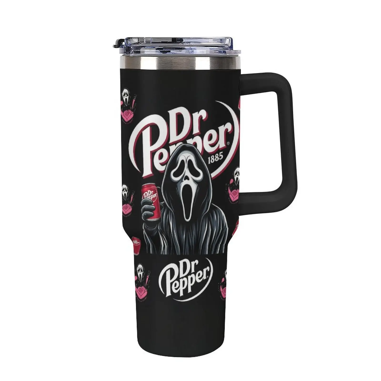 Ghostface Tumbler, 20oz & 40oz Black Stainless Steel Insulated Travel Mug, Scream Horror Movie Design, Dr. Pepper Soda Themed Drinkware, Spooky Fan Art, Perfect for Halloween, Horror Movie Nights