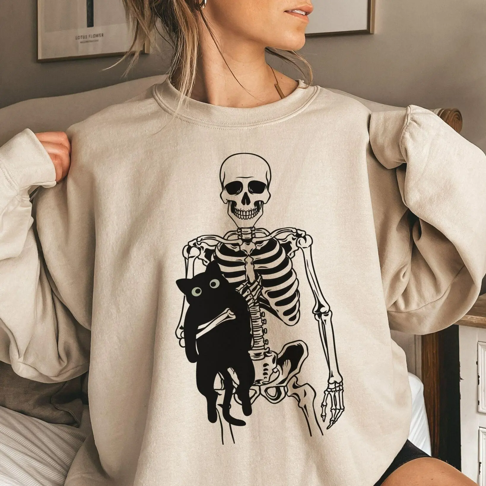 Skeleton Cat Halloween Sweatshirt, Black Cat Spooky Season Crewneck, Cute Cat Mom Pullover, Fall Graphic Sweater, Gift for Cat Lovers - AL