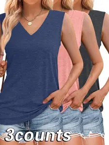 Fashion Casual Plain V Neck Sleeveless Tank Top, Comfortable Fabric, 1 Piece/3 Pieces Set, 10 Color Options, All Seasons Wear