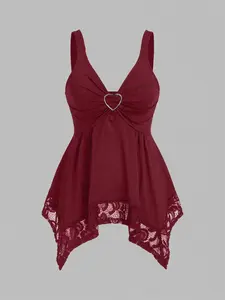 Fashion Women Lace Cami Decorated Heart Shaped And Floral Splicing Tank Top Elegant Sleeveless Top Casual Outfit Wear