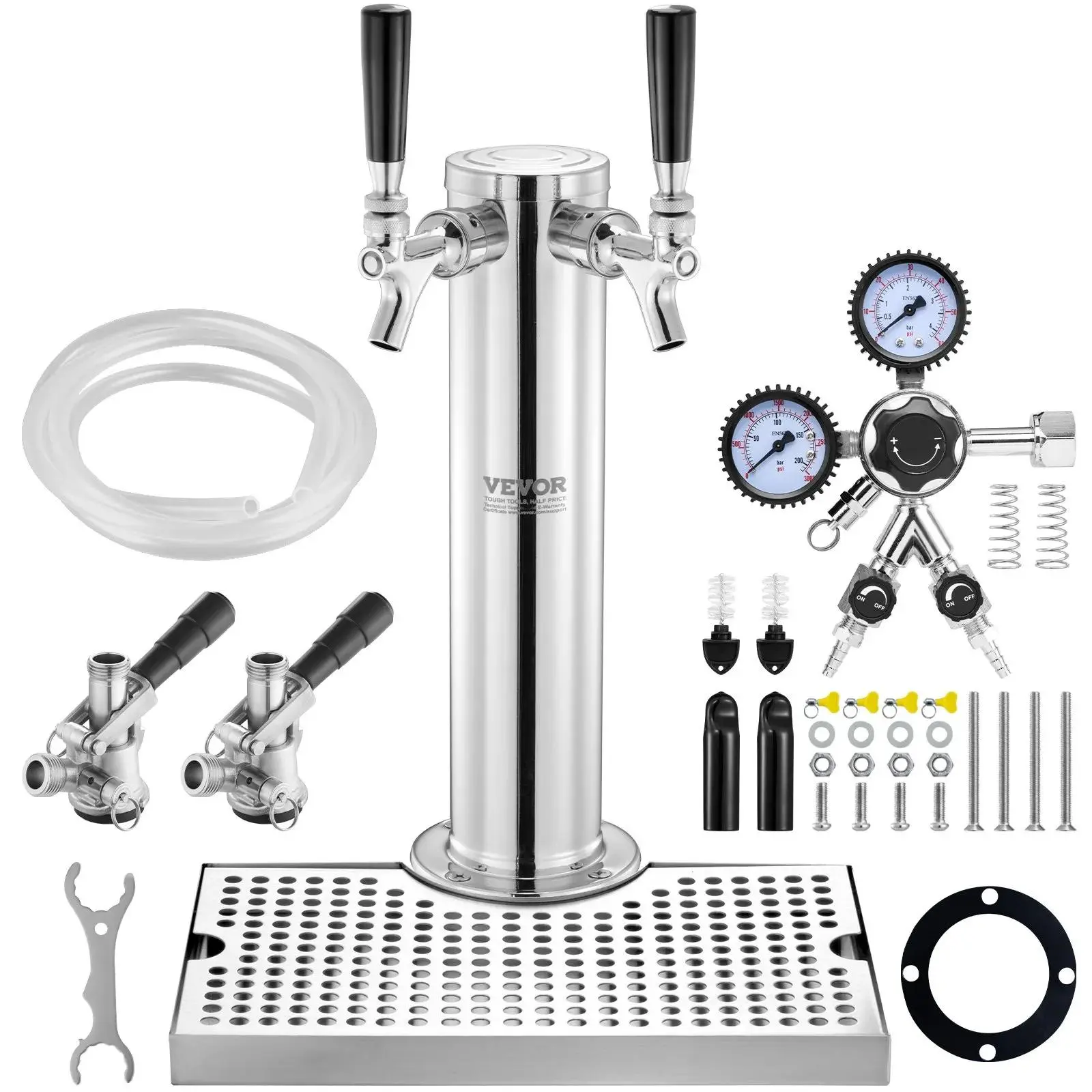 【Summerfinds】VEVOR Kegerator Tower Kit,  Dual Taps Beer Conversion Kit, Stainless Steel Keg Beer Tower Dispenser with Dual Gauge CGA320 Regulator & D-System Keg Coupler, Beer Drip Tray for Party Home