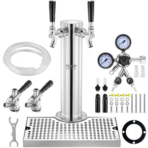 【Father's Day】VEVOR Kegerator Tower Kit,  Dual Taps Beer Conversion Kit, Stainless Steel Keg Beer Tower Dispenser with Dual Gauge CGA320 Regulator & D-System Keg Coupler, Beer Drip Tray for Party Home