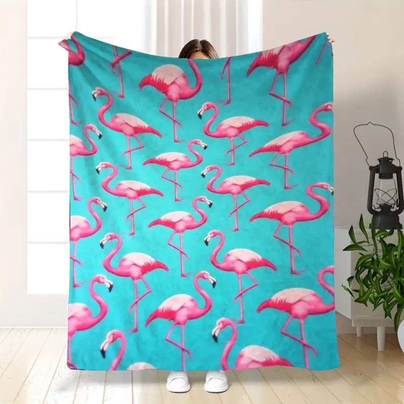 1Pc Glam Pink Flamingo Flannel Blanket - Soft Lightweight Bedding Throw for Bed & Sofa, Machine Washable All-Seasons Travel Companion, Valentine Gifts Room Decor