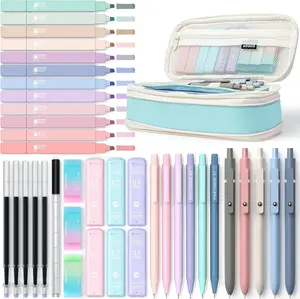 Four Candies 39 PCS Aesthetic School Supplies Set with 12 Pastel Highlighters 5 Black Ink Gel Pens 6 Mechanical Pencils 0.5 & 0.7 mm for Students Stationery College Essentials Green Pink, Perfect for Christmas Gift Learning Materials Visual Learning Tools