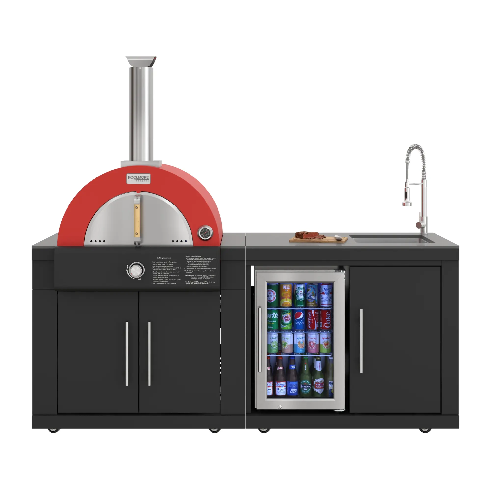 KoolMore Reserve 79 in. Outdoor Kitchen Island with 22 in. Gas and Wood-Fired Pizza Oven, Sink, and Refrigerator in Black Stainless (KM-OKS-P4679)