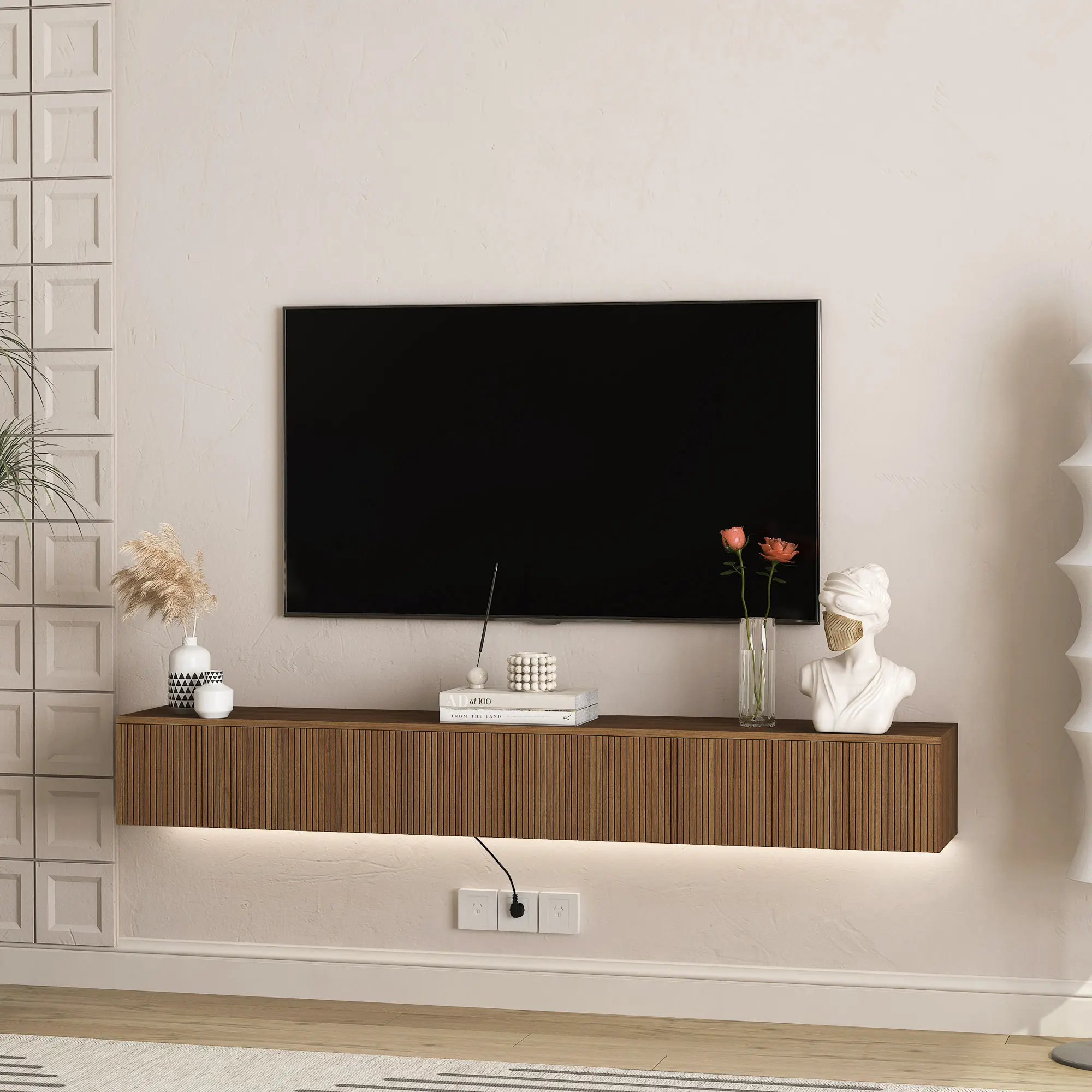 67" Floating TV Stand Wall Mounted, 16-Color LED 4 Modes Modern Wood TV Console with 3 Flip-Down Storage Cabinets, Entertainment Center for 60 65 70 Inch TVs, Living Room, TV Shelf Fits 55 60 65 Inch Televisions,  Furniture for Living Room Bedroom