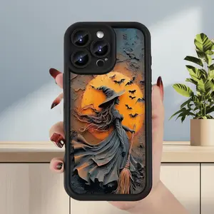 Halloween Witch Full Moon iPhone 17/16/15/14/13/12/11 Pro Max/Pro/Plus/Air/Xs Case TPU Cartoon Shockproof Protective Cover Protection Cellphone Casing Smartphone with Full Lens Coverage and Precise Cutouts