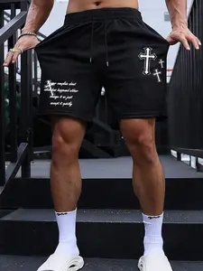 Men's Letter, Cross & Graphic Print Drawstring Waist Track Shorts, Casual Regular Fit Pocket Elastic Waist Shorts for Summer, Mens Bottoms for Daily Wear, Soft Shorts