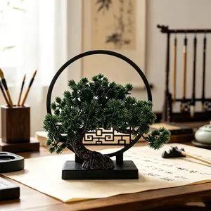 1pc Artificial Bonsai Pine Tree with Chinese Style Screen Frame, Elegant Style Artificial Welcome Pine Bonsai, No Maintenance Zen Home Decor for Office and Study Room, Tea Room/Sideboard/Study Decor, Daily Oriental Home Soft Decoration
