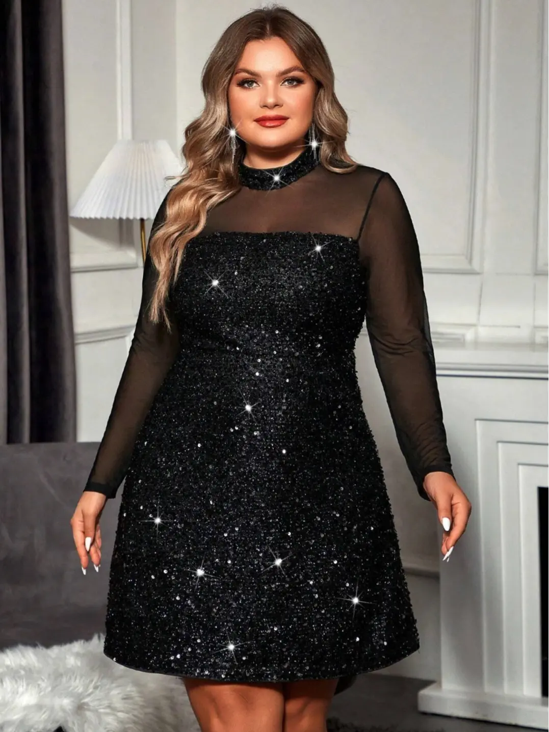Plus Size Sexy Sheer Mesh Long Sleeve Sequin Party Night Club Dress Black