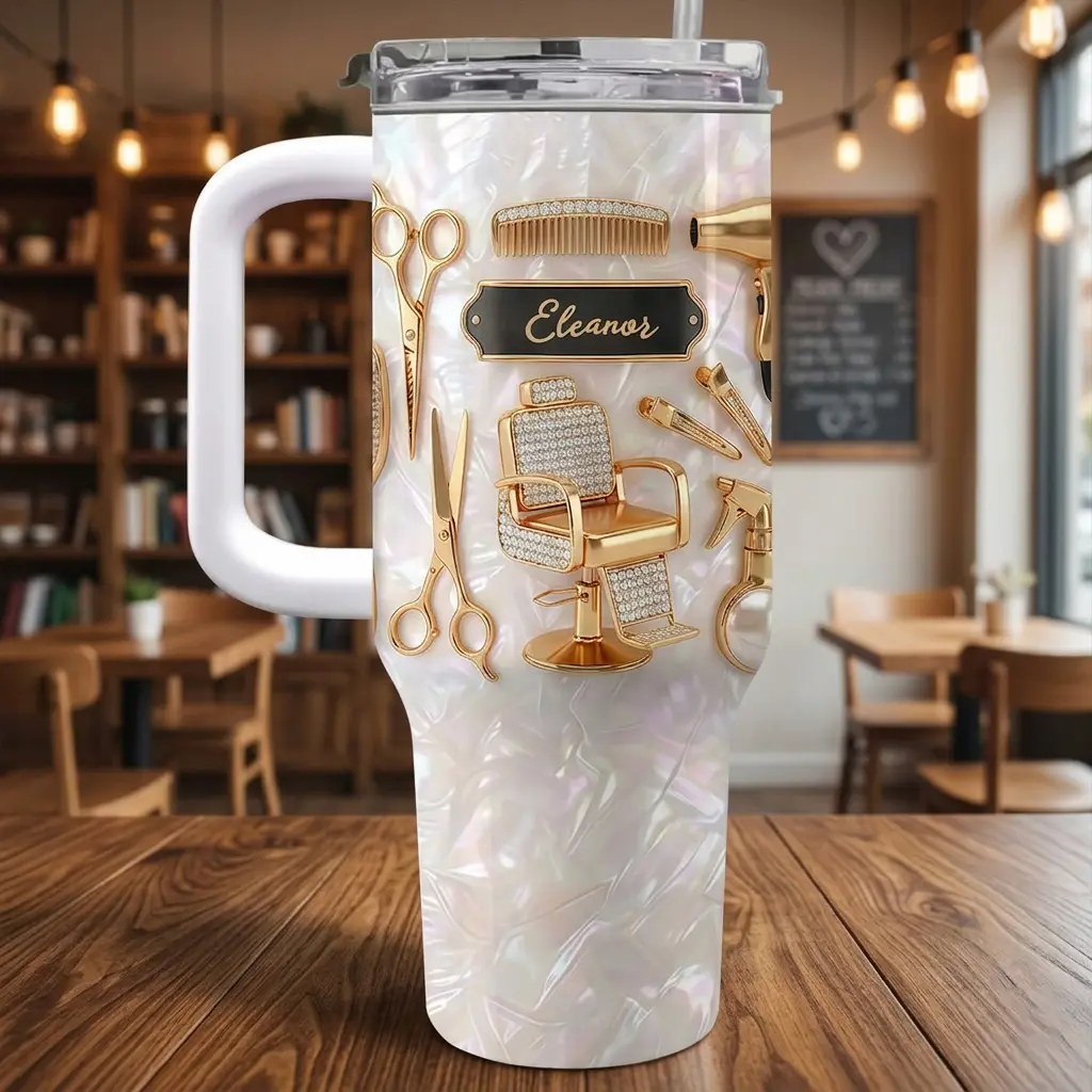 Personalized Hairstylist Tumbler, 2D Printed 3D Effect Pearl White Insulated Mug with Handle, Custom Name Hairdresser Tumbler for Barbers Stylists and Cosmetologists, Elegant Salon Drinkware, Perfect Birthday Christmas Appreciation Gift