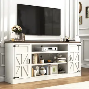 66"/75" Farmhouse TV Stand with Power Outlets for 85 Inch TVs, 33" Tall Entertainment Center with Storage Cabinets w/Adjustable Shelves, Rustic Large TV Media Console, Brown/white/black