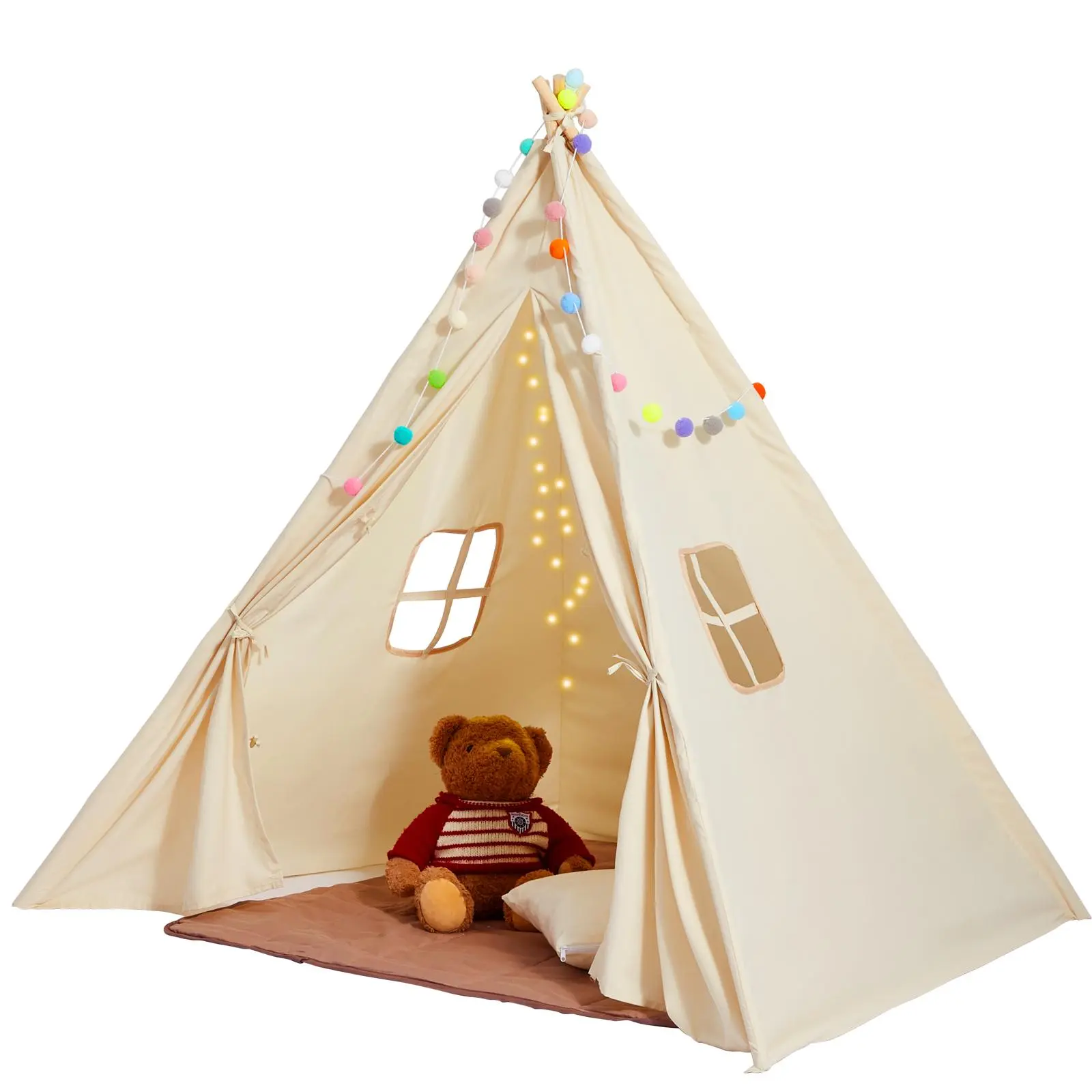 【BackToSchool】VEVOR Kids Play Tent, Teepee Tent for Kids 1-5 Years Old, Tent for Kids with Windows for Indoor and Outdoor, Toddler Tent with Mat and Plush Decorative Balls, for Boys and Girls, Beige