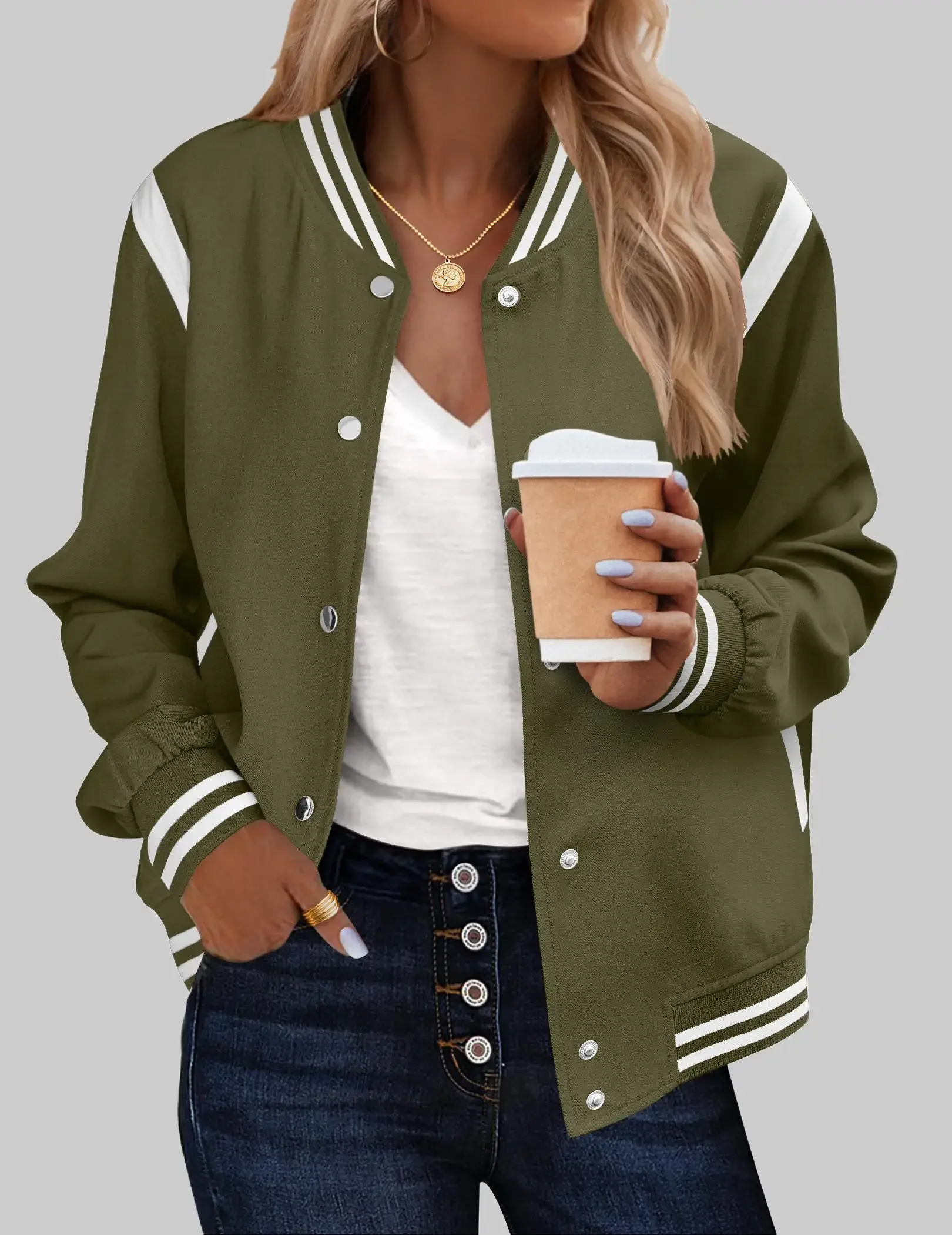 ZEAGOO Women's Premium Fabric Cute Collared Long-Sleeve Lightweight Biker Bomber Jacket, Snap-Button Medium-Length Casual Outerwear with Striped Collar, Pockets for Work All-Year Wear