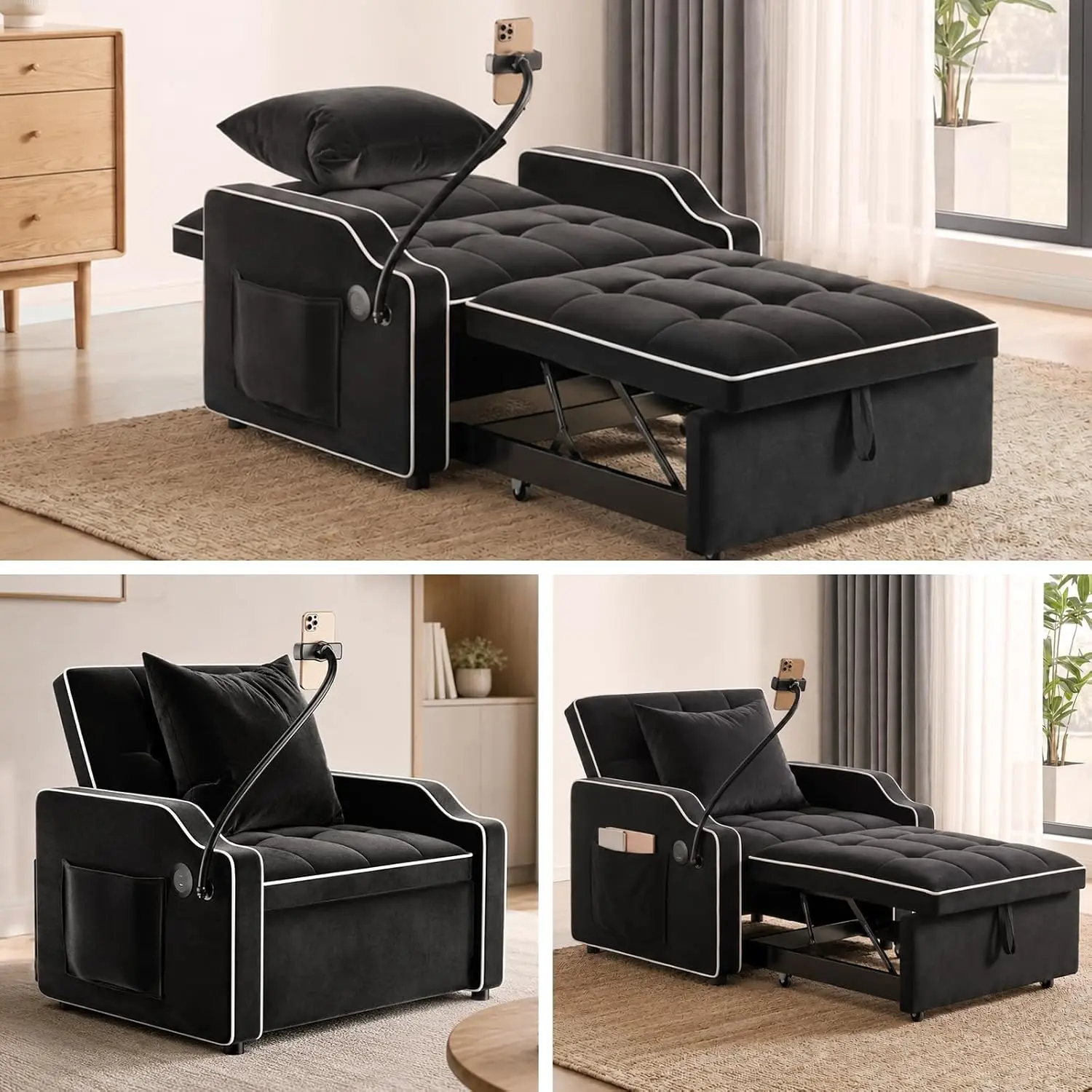 Convertible Sleeper Sofa Chair Bed, 3 in 1 Velvet Single Small Futon Sofa Bed with Phone Holder, Cup Holders & USB Ports, Pull Out Couch Recliner with Adjustable Backrest for Living Room, Office, Small Place (Black)