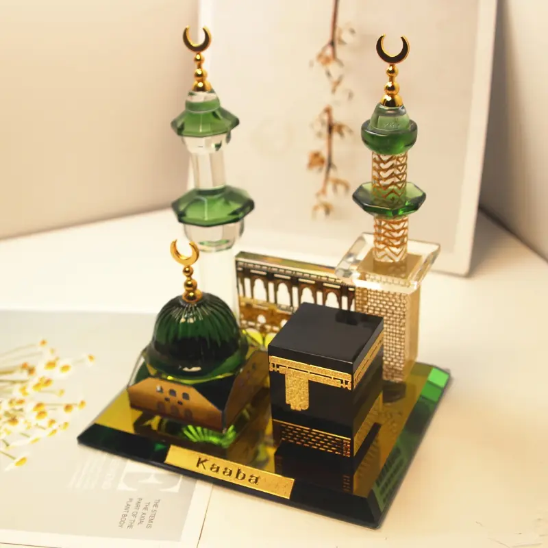 Classic Crystal Kaaba Double Column Model - Islamic Architecture Religious Ornaments, 14+ Age Desk Ornament Tabletop Home Decor, Independence Day Crystal Shine Figurine