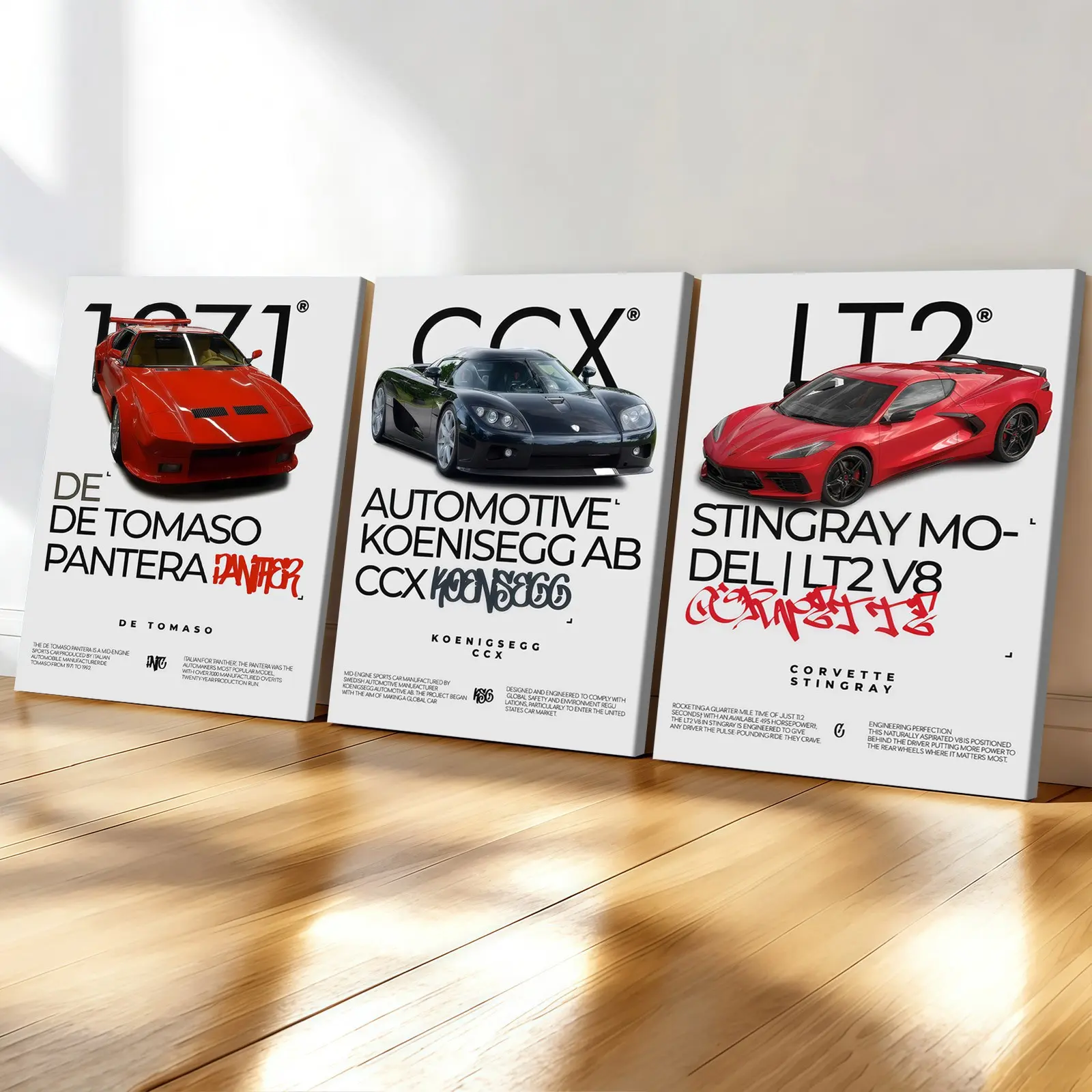 3-Pack Wood Frame Canvas Posters, Modern Art Living Room Decor, Cool Hypercar Theme, Fashionable Wall Art for Home Office Corridor