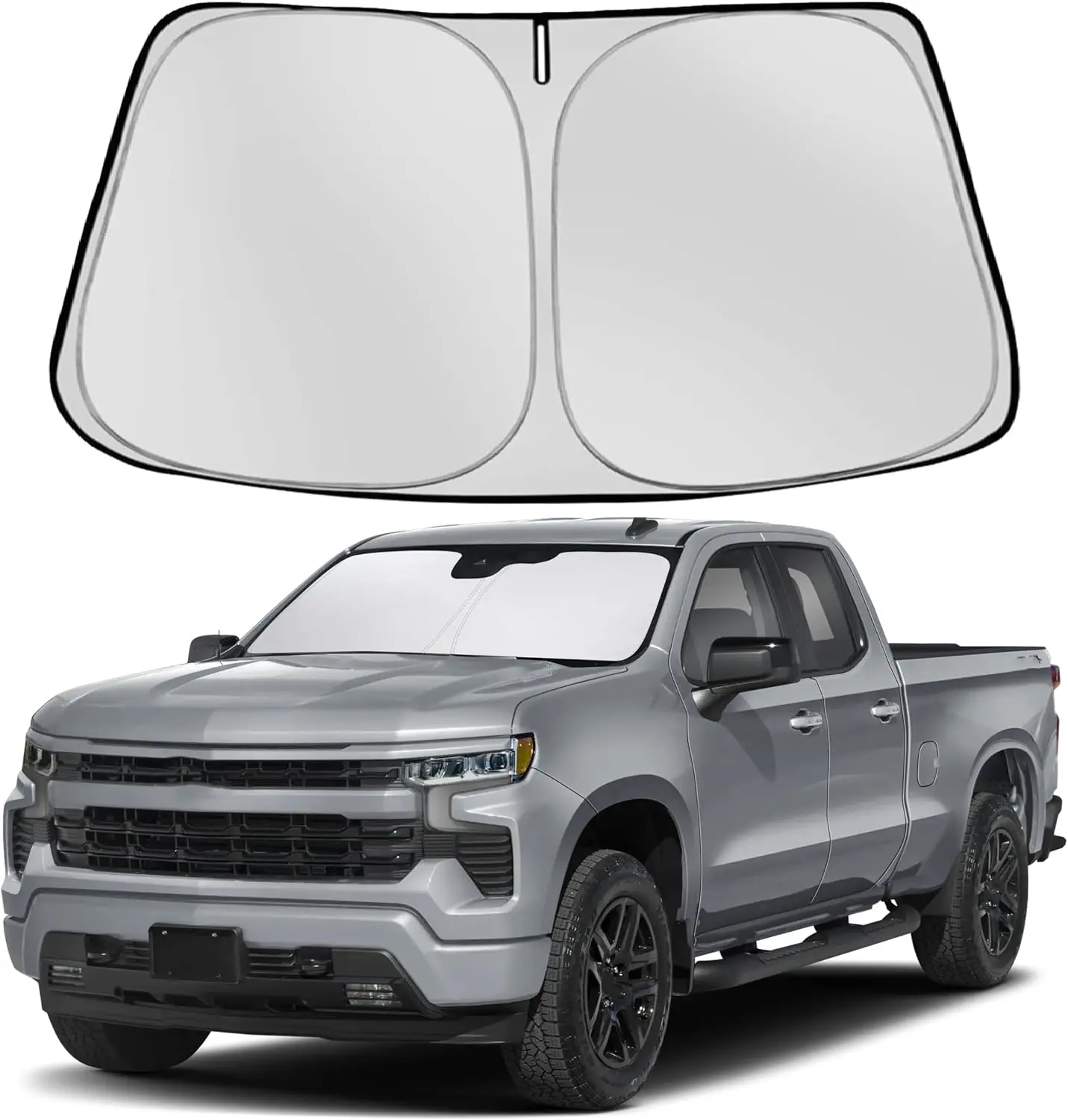 Front Windshield Sunshade for Chevy Silverado/GMC Sierra 1500 2500 3500 (2019-2026), Black & Silver UV Heat Protector, High Quality Material with Titanium Silver Coating + Heat Resistant Cloth, Easy to Install and Store Car Interior Cover, Uv Resistant Ca