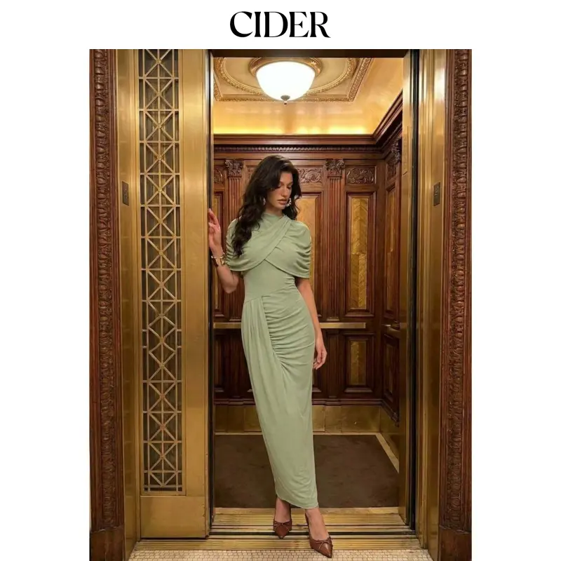 Cider Women's US Sizes XS-XL Polyamide-Elastane Mesh High Neck Asymmetrical Ruched Cloak Sleeve Slim Long Fishtail Mermaid Maxi Dress, Maxi Length