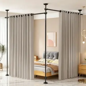 Drill-Free Room Divider Curtain Rod, Wall-Mounted Space Partition for Indoor Separation, Adjustable Size: 4-10ft in Height and 28-114inch in Width. Heavy-Duty Freestanding Tension Curtain Holder, Practical Home Partition Separator, Black Finish