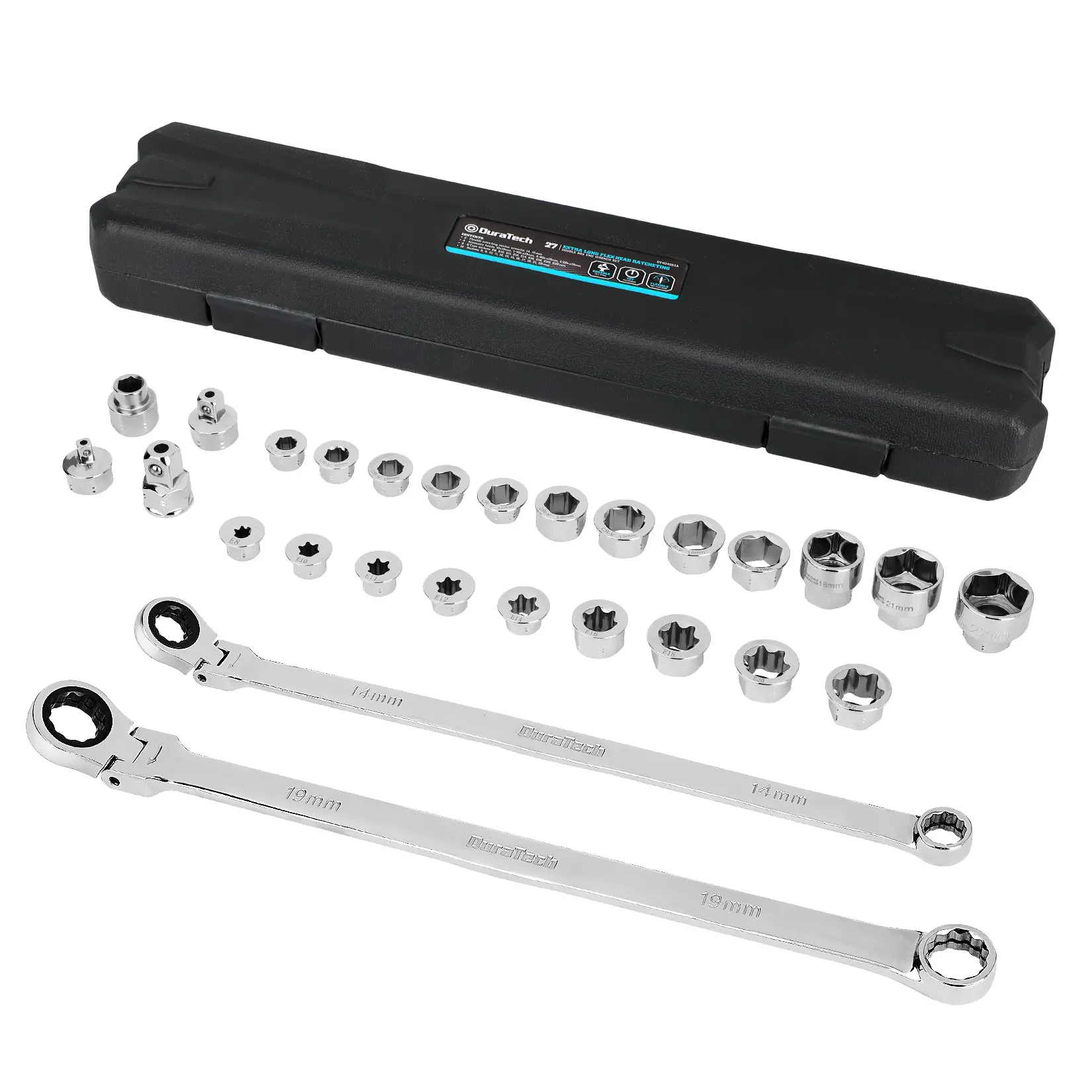 #summersale DURATECH 27PCS Extra Long Flex Head Ratcheting Wrench Set, 8-22mm, Double Box End Ratchet Wrench Set with E-type 8-22mm Replacement Heads, 10x19mm, 1/4", 3/8", 1/2" Socket Adapters