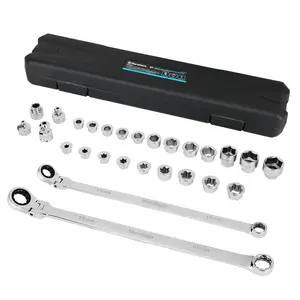 #Summervibes DURATECH 27PCS Extra Long Flex Head Ratcheting Wrench Set, 8-22mm, Double Box End Ratchet Wrench Set with E-type 8-22mm Replacement Heads, 10x19mm, 1/4", 3/8", 1/2" Socket Adapters
