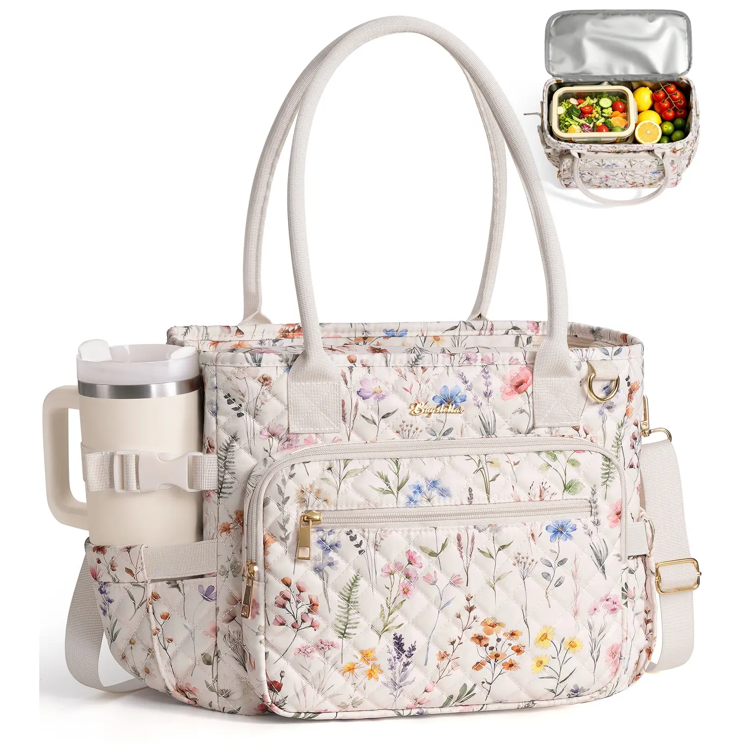 Bagstellar Insulated Lunch Tote Bag for Women, 14L Wide-Open Cooler Lunch Box | Polyester Leakproof Soft Cooler w/ 40oz Cup Holder, Reusable Lunch Purse for Work Travel Picnic