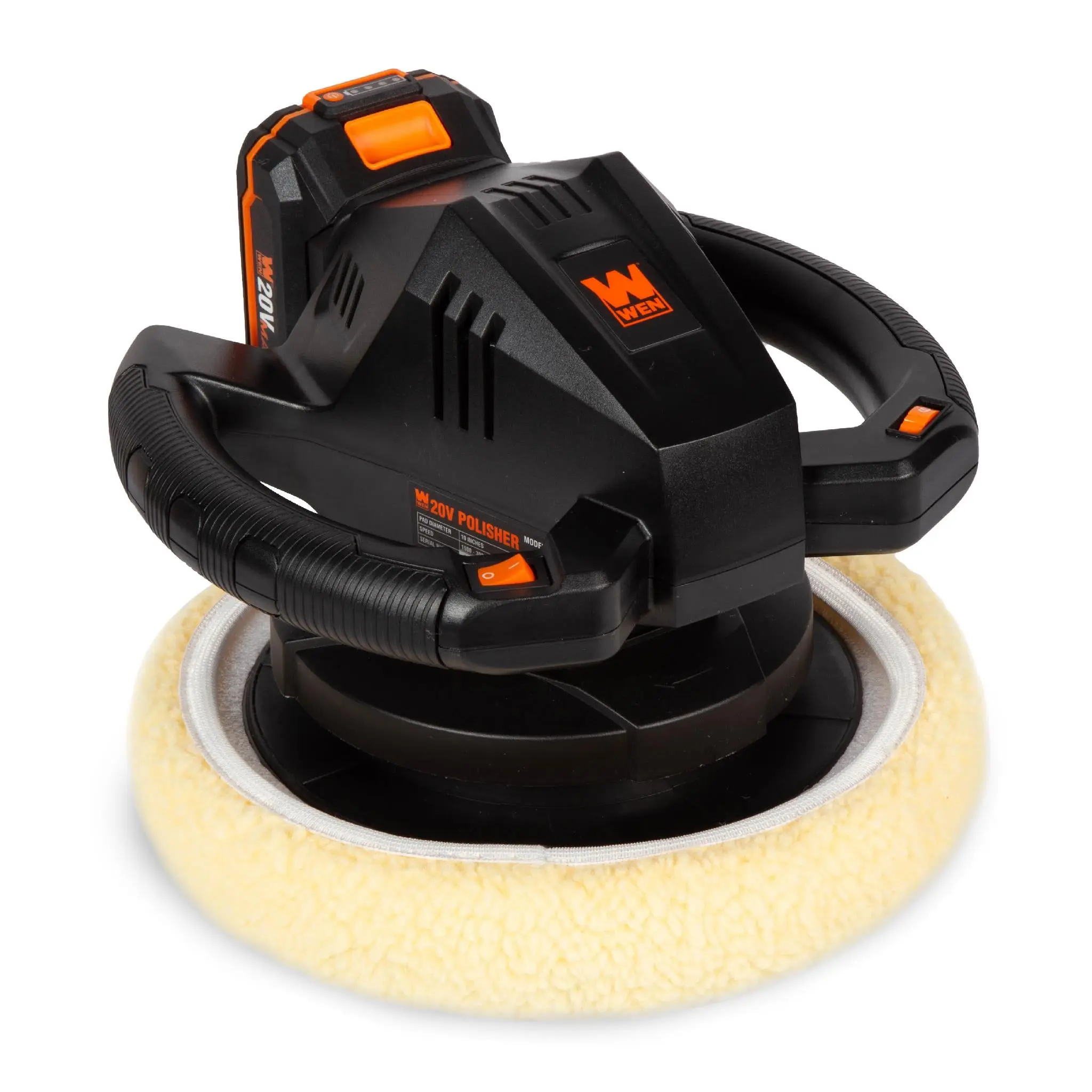 WEN 20870 20V Max Cordless 10-in Portable Orbital Polisher and Waxer Kit, Including 2Ah Battery, Charger, and Bonnets