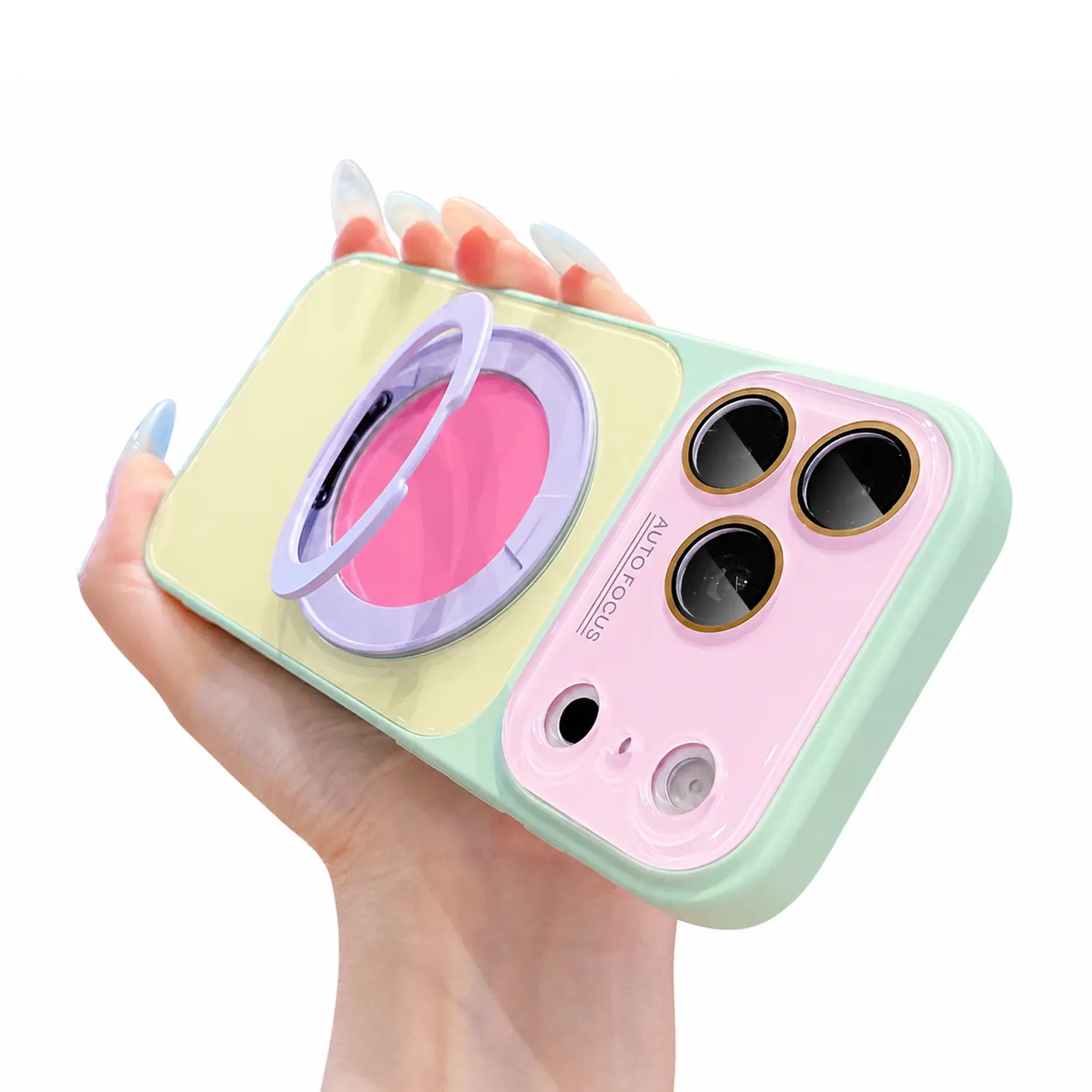 For iPhone 17 16 15 14 13 Pro Max Candy-colored Magnetic Rotating Finger Ring Holder Shockproof Cover