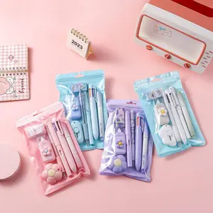 Cute Stationery Set, 1 Set Including 5 Counts Gel Pen & 1 Count Ruler & 1 Count Pencil Sharpener & 1 Count Highlighter & 1 Count Correction Tape, Stationery Supplies, School Supplies