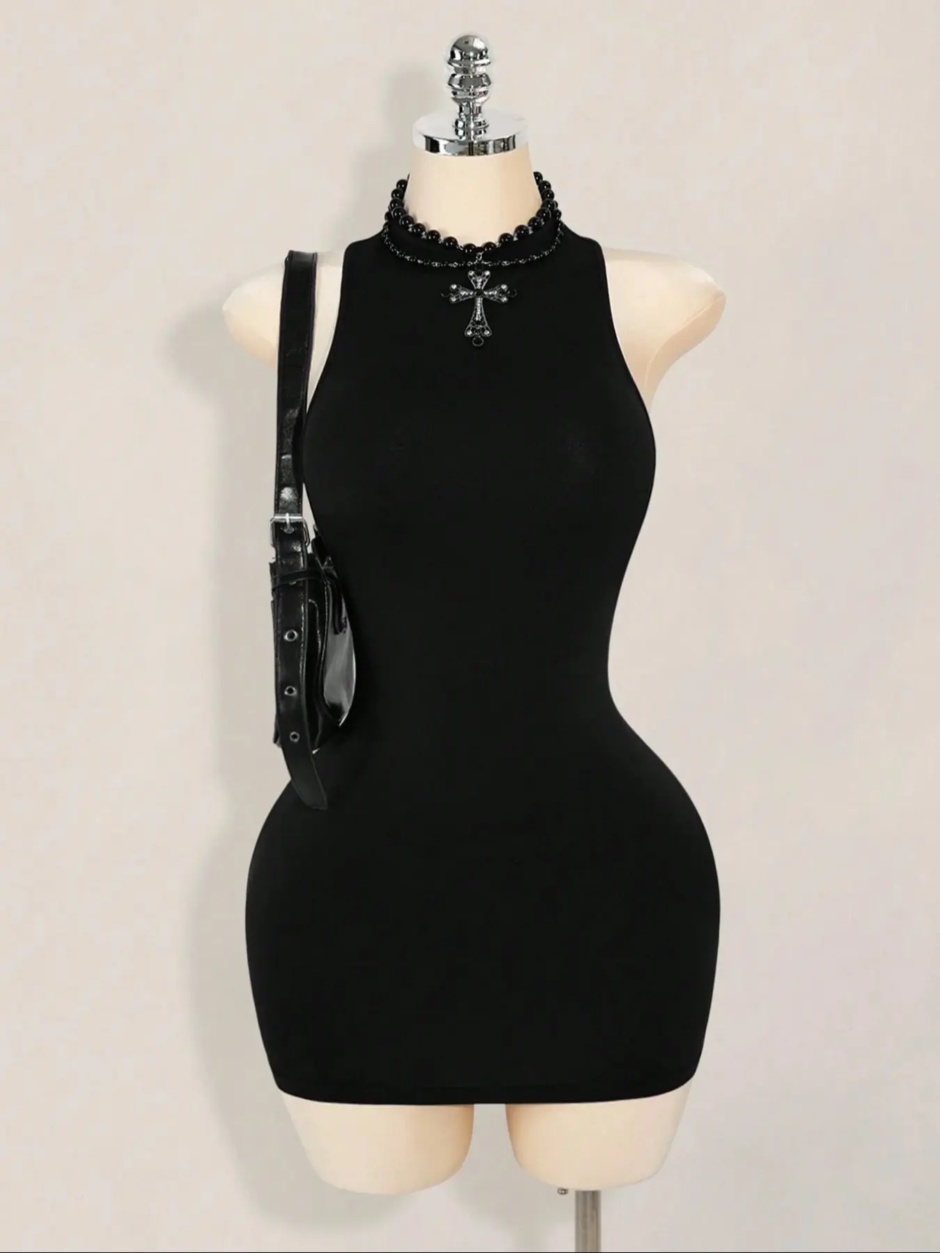 Women's Plain Slim-Fitting Sleeveless Mini Dress, Backless Cross Design, Perfect for Parties & Casual Wear, All Season Fashion