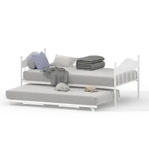 Garvee Twin Daybed with Collapsible Trundle, Heavy Duty Steel Slat Platform, Stylish Headboard, Durable Black Metal Frame - Ideal for Living Room, Bedroom, Guest Room, and Under-Bed Storage