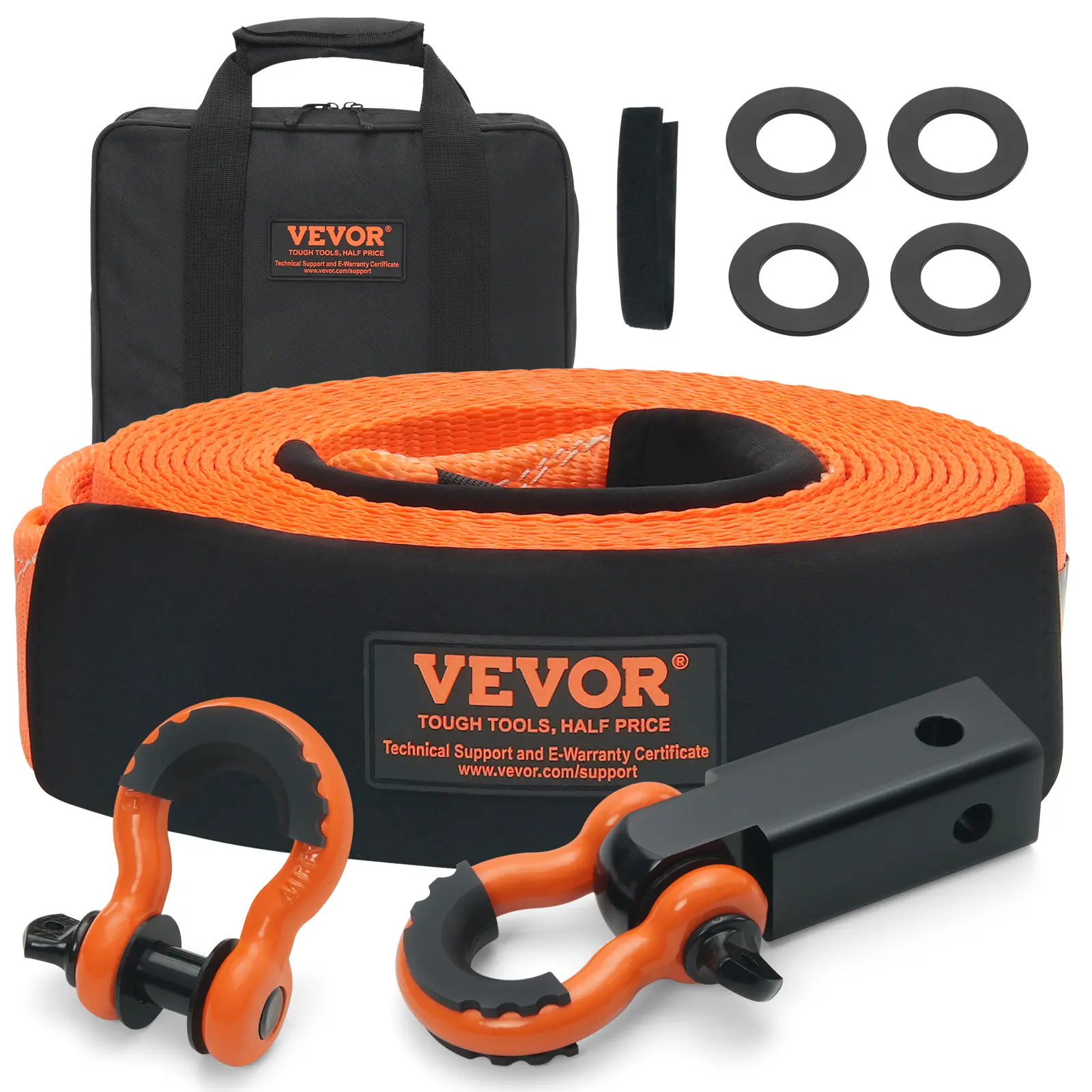 【Summerfinds】VEVOR Polyester Heavy Duty Tow Strap Recovery Kit 3" x 30 ft (MBS-36,000 lbs) Winch StrapTriple Reinforced LoopSnatch Strap + 2" Shackle Hitch Receiver + 3/4" D-Ring Shackles (2PCS) + Storage Bag, Vehicle Accessories, Car Accessories, Truc