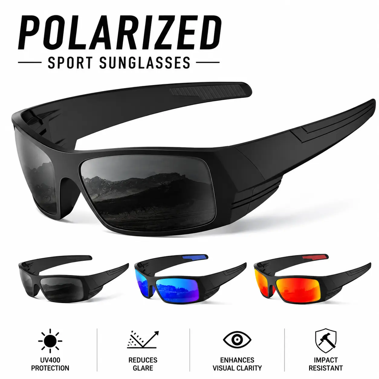 Men's Polarized Sunglasses, Lightweight Wrap-Around TPU Frame with UV400 PC Lenses for Outdoor Sport, Driving and Fishing, Male