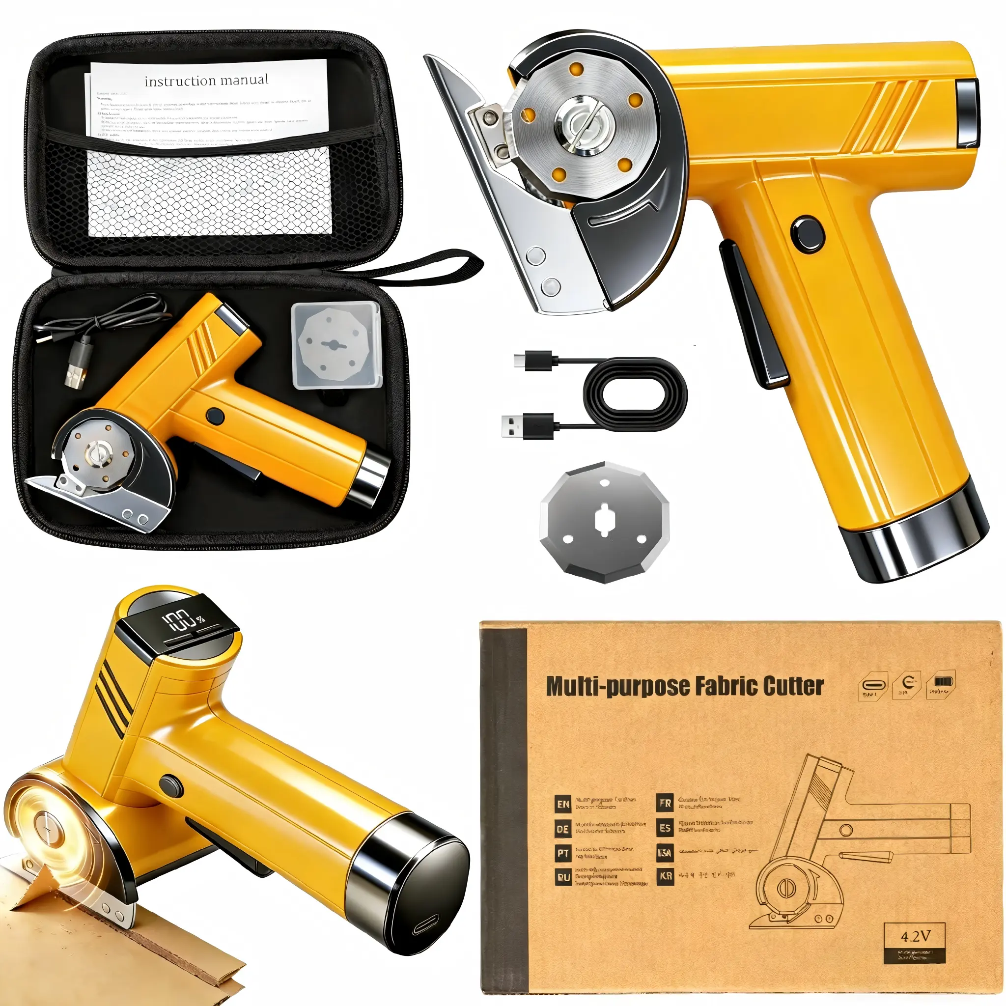 Portable Rechargeable Cordless Electric Cardboard Cutter - 4.2V Upgraded Motor, Speed Control, 2 Blades, Blade Guard Safe, 2-Step Safety Lock, LED Light, 2000mAh Batteries, Type-C Fast Charge USB Cable, Consistent Power for Boxes, DIY Home Projects