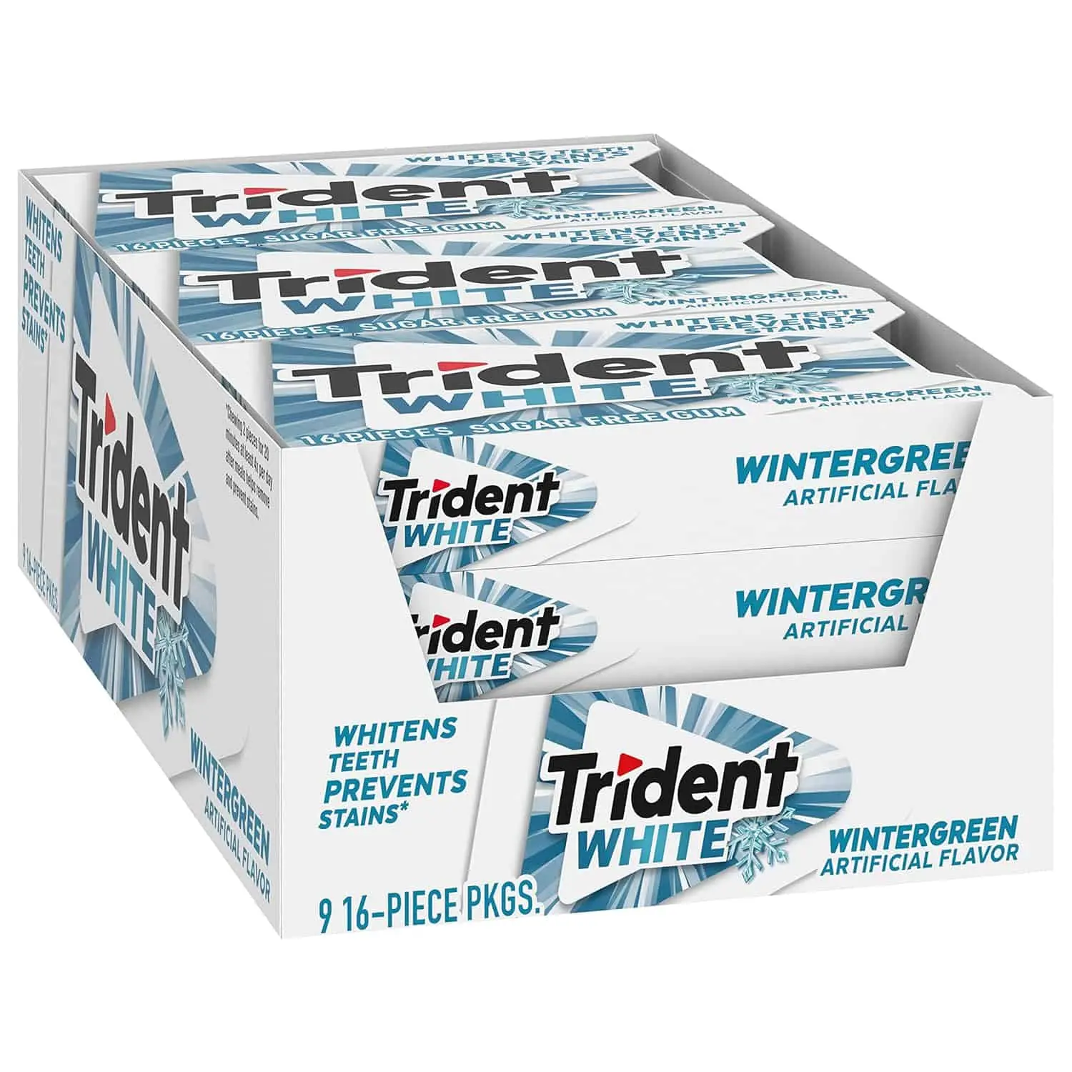 Trident White Sugar-Free Chewing & Bubble Gum Snack with Glycerin, Sucralose, Candelilla Wax, No Added Sugar - 9 Pack, 16 Pieces Per Pack, 144 Total Pieces