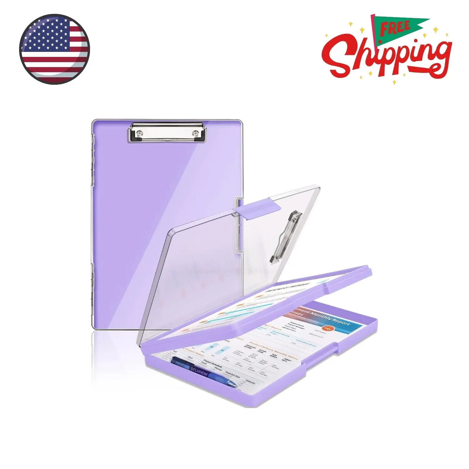 Heavy Duty Clip Boards 8.5x11 with 2 Storage Case, Clear Visible Panel, Light Purple