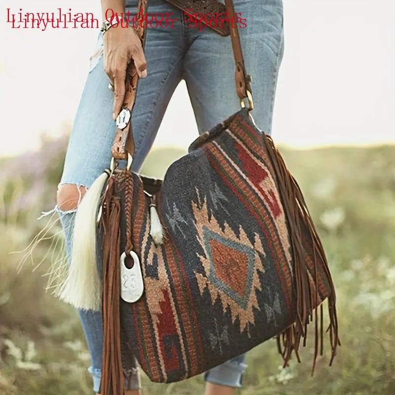 Vintage Bohemian Gym Handbag - Handwoven Tassel, Diamond Pattern, Khaki/Royal Blue, Female Adult Fashionable Purse, Boho Shoulder Bag for Casual Use, Boho Shoulder Bags, Tassels, Adults, Synthetics