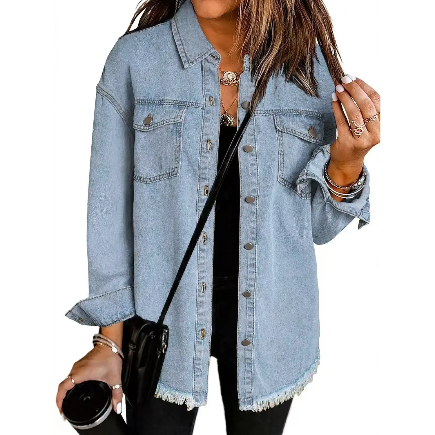 Womens Button Down Oversized Distressed Boyfriend Jean Jacket