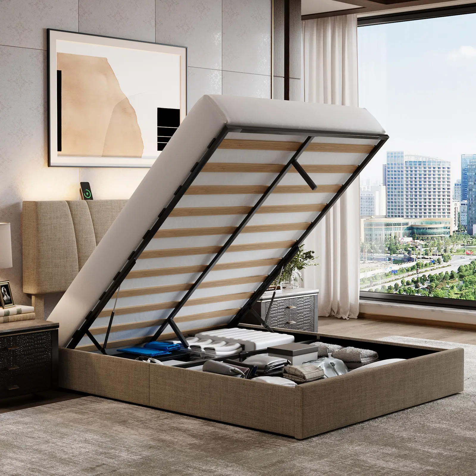 AVENCO Full/Queen/King Size Lift Up/Drawers Storage Bed Frame, 3-Height Adjustable Upholstered Headboard with Charging Station and LED Light, Hydraulic Support Full/Queen/King Size Bed Frame